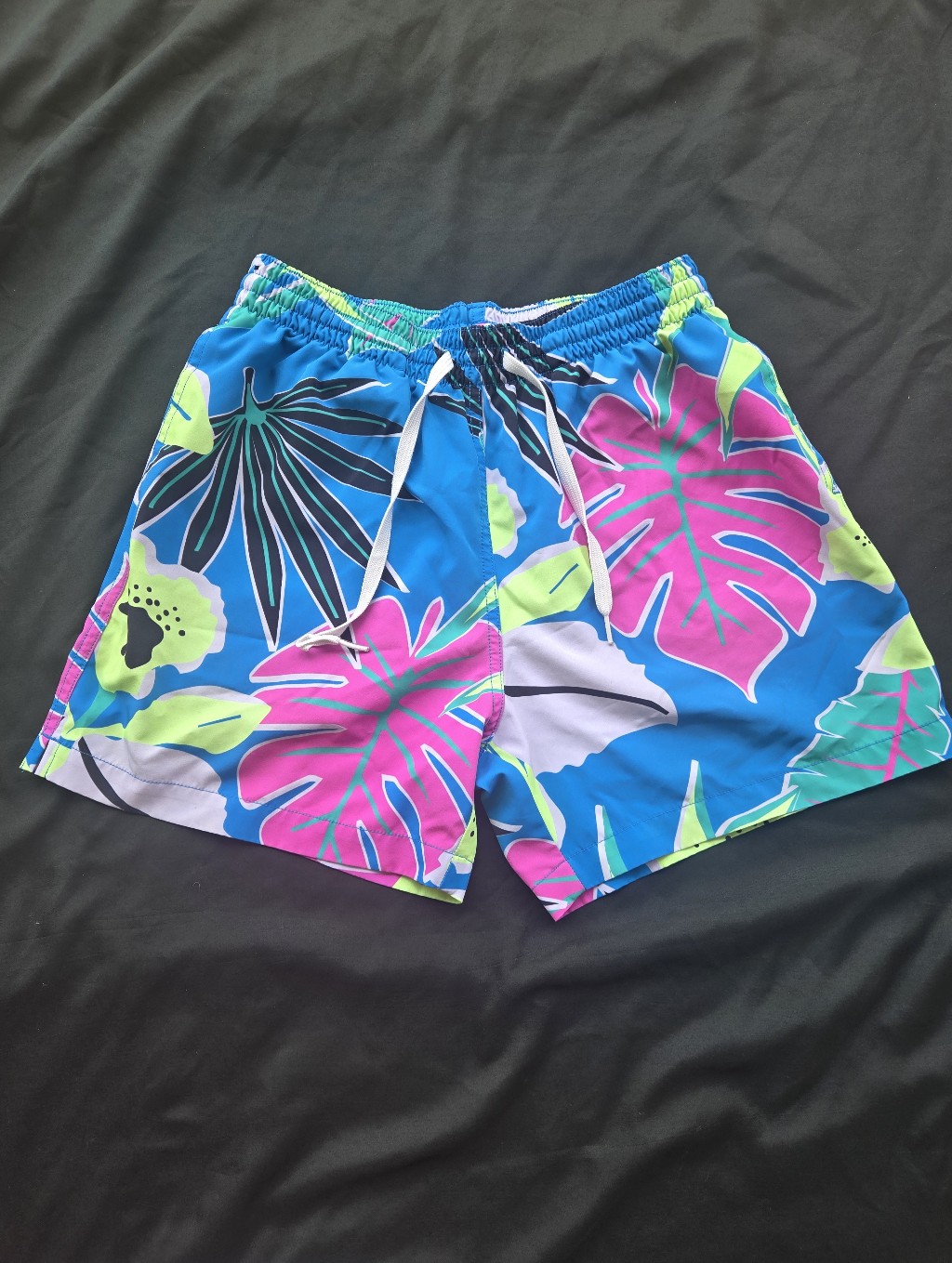 Chubbies Tropical Leaf Swim Trunks In Blue, Pink & Neon Green